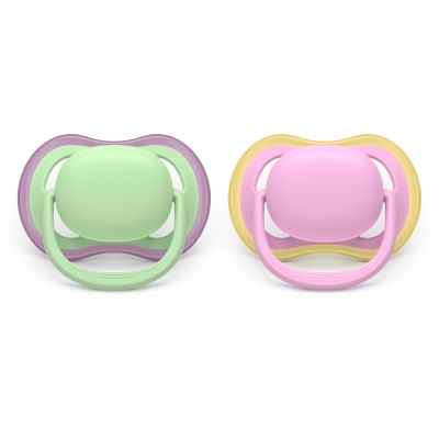 Залъгалки Philips Avent - Ultra Air, Зелена & Розова с кутия за стерилизиране, 6-18 m, 2 броя