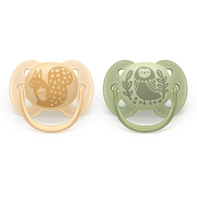 Залъгалки Philips Avent - Ultra Soft, с декорация Птица и катеричка с кутия за стерилизиране, 6-18 m, 2 броя