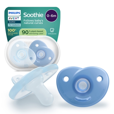 Ортодонтични залъгалки Philips Avent - Soothie, Сини с кутия за стерилизиране, 0-6 m, 2 броя