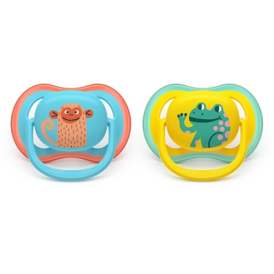 Залъгалки Philips Avent - Ultra Air, с декорация Маймунка и жаба с кутия за стерилизиране, 18 m+, 2 броя