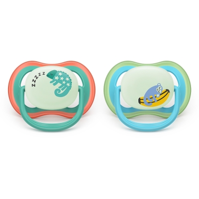 Залъгалки Philips Avent - Ultra Air Night, с декорация Маймунка и хамелеон с кутия за стерилизиране, 6-18 m, 2 броя