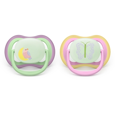 Залъгалки Philips Avent - Ultra Air Night, с декорация Пеперуда и птица с кутия за стерилизиране, 6-18 m, 2 броя