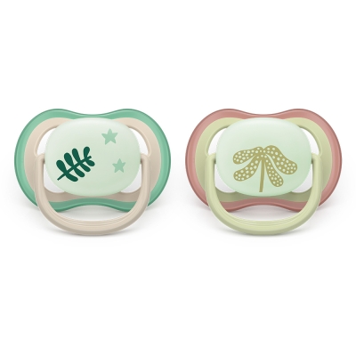 Залъгалки Philips Avent - Ultra Air Night, Неутрални пастелни цветове с кутия за стерилизиране, 6-18 m, 2 броя