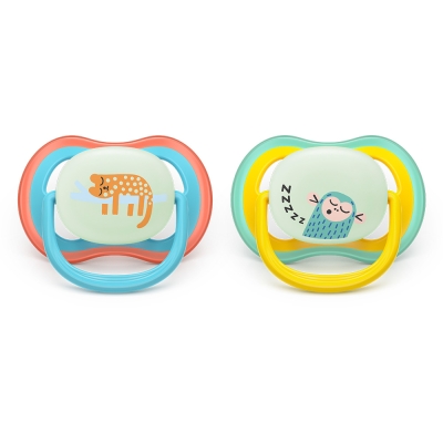 Залъгалки Philips Avent - Ultra Air Night, с декорация Маймунка и леопард с кутия за стерилизиране, 18 m+, 2 броя