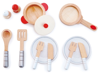 Дървен игрален комплект Hape - Сервиз за хранене, 13 части