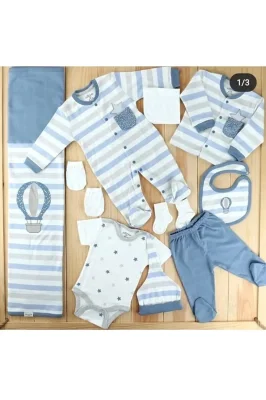 Комплект за изписване на новородено Aziz Bebe, Сини Раета, 10 части