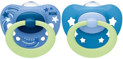 Силиконови залъгалки NUK - Signature Night, Сини с кутия за стерилизиране, 0-6 m, 2 броя