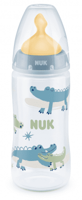 Шише NUK - First Choice, Temperature control, с каучуков биберон, 300 ml, синьо, крокодили