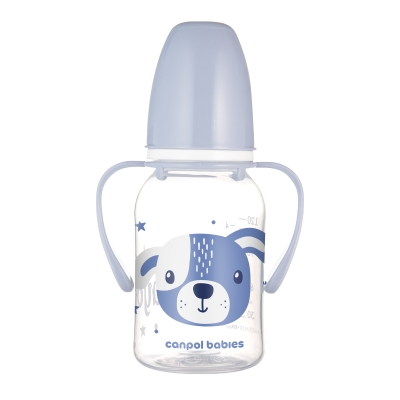 Бебешко шише с дръжки Canpol - Cute Animals, 120 ml, Синьо