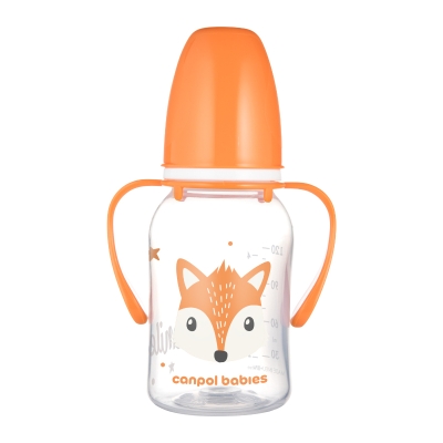 Бебешко шише с дръжки Canpol - Cute Animals, 120 ml, Оранжево