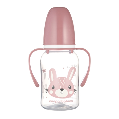 Бебешко шише с дръжки Canpol - Cute Animals, 120 ml, Розово