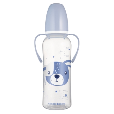 Бебешко шише с дръжки Canpol - Cute Animals, 250 ml, Синьо