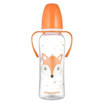 Бебешко шише с дръжки Canpol - Cute Animals, 250 ml, Оранжево