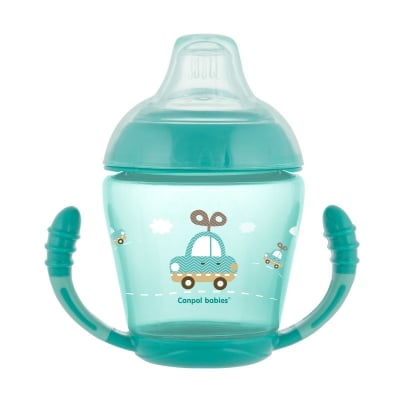 Неразливаща се чаша с дръжки Canpol -  Happy Vehicles, 230 ml, Тюркоаз
