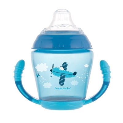 Неразливаща се чаша с дръжки Canpol - Happy Vehicles, 230 ml, Синя