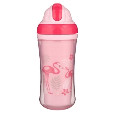 Чаша с двойни страни и силиконова сламка Canpol - Flamingo, 260 ml
