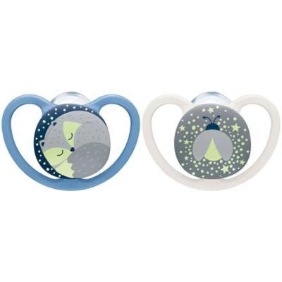 Силиконови залъгалки NUK - Space Night, Калинка и Лисица с кутия за стерилизиране, 6-18 m, 2 броя