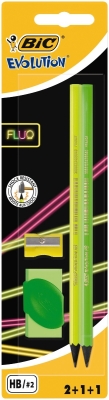 Комплект 2 броя моливи BIC Evolution - Fluo HB, с гума и острилка