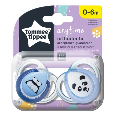 Ортодонтични залъгалки Tommee Tippee - Any Time, 0-6 m, 2 броя, Сини панди