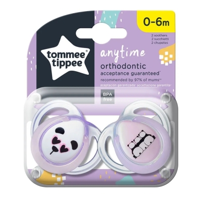 Ортодонтични залъгалки Tommee Tippee - Any Time, 0-6 m, 2 броя, Лилави панди