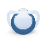 Силиконова залъгалка NUK - Star, Синя с кутия за стерилизиране, 6-18 m