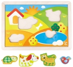 Дървен пъзел 3 в 1 Hape - Слънчевата долина, 12 части