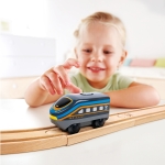 Детска играчка Hape - Междуградски локомотив с батерия, Червен