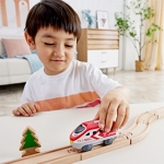 Детска играчка Hape - Междуградски локомотив с батерия, Червен