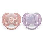 Залъгалки Philips Avent - Ultra Soft, с декорация Слонче и Палми с кутия за стерилизиране, 0-6 m, 2 броя