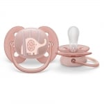Залъгалки Philips Avent - Ultra Soft, с декорация Слонче и Палми с кутия за стерилизиране, 0-6 m, 2 броя