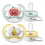 Залъгалки Philips Avent - Ultra Air Happy, с декорация Ябълка и круша с кутия за стерилизиране, 0-6 m, 2 броя