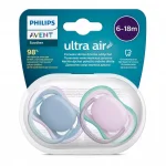 Залъгалки Philips Avent - Ultra Air, Неутрални лилави с кутия за стерилизиране, 6-18 m, 2 броя