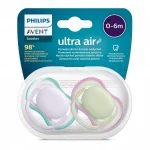 Залъгалки Philips Avent - Ultra Air, Неутрални лилаво и зелено с кутия за стерилизиране, 0-6 m, 2 броя