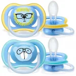 Залъгалки Philips Avent - Ultra Air, с декорация Лъв и мече с кутия за стерилизиране, 18m+, 2 броя