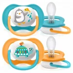 Залъгалки Philips Avent - Ultra Air, с декорация Пингвин и костенурка с кутия за стерилизиране, 6-18 m, 2 броя