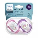 Залъгалки Philips Avent - Ultra Air, с декорация Слон и пингвин с кутия за стерилизиране, 6-18 m, 2 броя