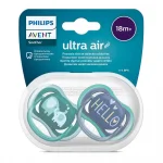 Залъгалки Philips Avent - Ultra Air, Синя с декор Слонове и зелена с надпис Hello с кутия за стерилизиране, 18m+, 2 броя