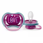 Залъгалки Philips Avent - Ultra Air, Синя с декор Слонове и Розова с надпис Love с кутия за стерилизиране, 18m+, 2 броя