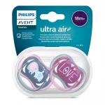 Залъгалки Philips Avent - Ultra Air, Синя с декор Слонове и Розова с надпис Love с кутия за стерилизиране, 18m+, 2 броя