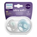 Залъгалки Philips Avent - Ultra Soft, с декорация Пиле и перо с кутия за стерилизиране, 6-18 m, 2 броя