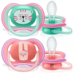 Залъгалки Philips Avent - Ultra Air, с декорация Тигър и заек с кутия за стерилизиране, 18m+, 2 броя