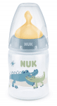 Шише Nuk First Choice - Temperature control, с каучуков биберон, 150 ml, синьо, крокодили