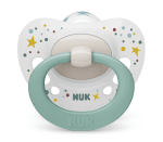 Силиконова залъгалка NUK - Signature, 0-6 месеца, Бяла със Зелено + кутийка за съхранение и стерилизация