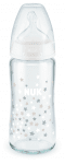 Стъклено шише със силиконов биберон NUK - First Choice, TC, 240 ml, 0-6 месеца, Бяло