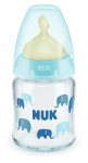 Стъклено шише с каучуков биберон NUK - First Choice, TC, 120 ml, 0-6 месеца, Синьо