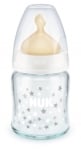 Стъклено шише с каучуков биберон NUK - First Choice, TC, 120 ml, 0-6 месеца, Бяло