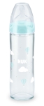 Стъклено шише със силиконов биберон NUK - New Classic FC+, 240 ml, размер М, 0-6 m, Сини облачета
