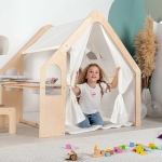 Дървена детска къща за игра Ginger Home 6 в 1 - Стол, Маса, Черна Дъска, Органайзер, Тента и Мека Подложка