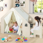 Дървена детска къща за игра Ginger Home 6 в 1 - Стол, Маса, Черна Дъска, Органайзер, Тента и Мека Подложка