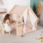 Дървена детска къща за игра Ginger Home 6 в 1 - Стол, Маса, Черна Дъска, Органайзер, Тента и Мека Подложка